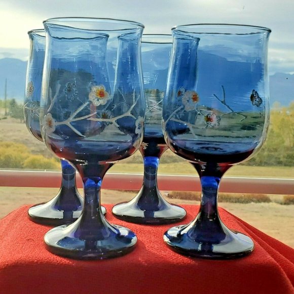 Libbey Dining Vintage 4 Libbey Indigo Blue Stemmed Wine Glasses